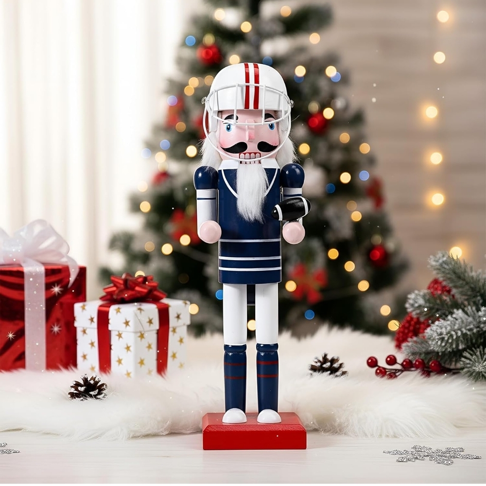 Blue Football Rugby Nutcracker Holiday Figurine - Classic Festive Decor 13 Inch